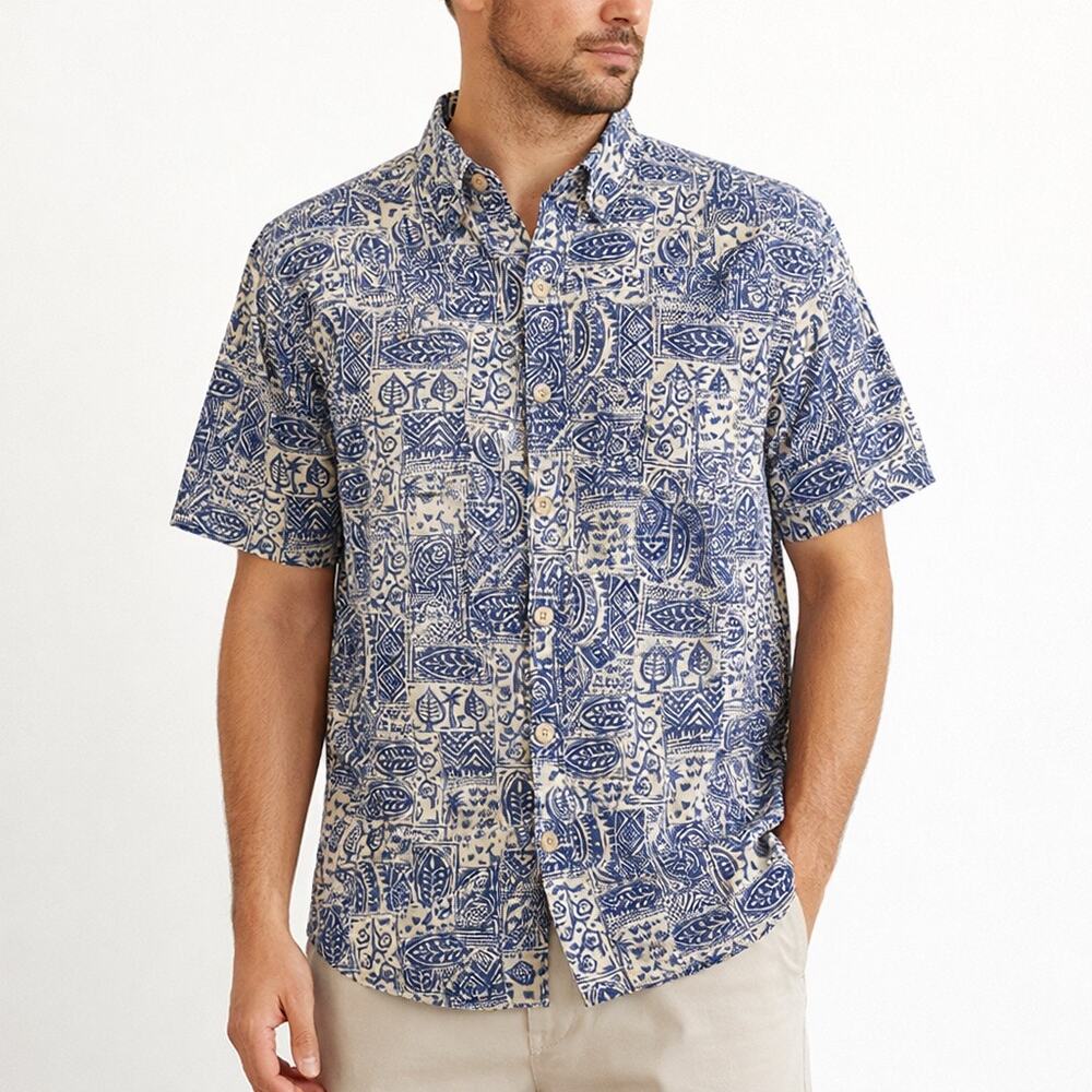 VTG Woolrich Rugged Outdoorwear Mens Tribal Button Up Short Sleeve Y2K Blue L